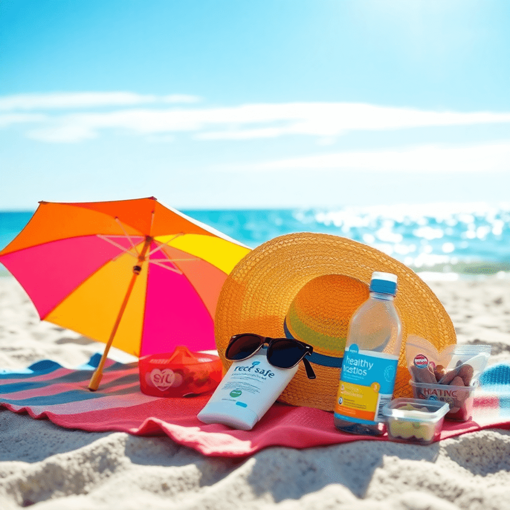 Sunlit beach with colorful umbrella, hat, sunglasses, sunscreen on towel, clear water bottle, snacks, gentle waves, and bright blue sky.