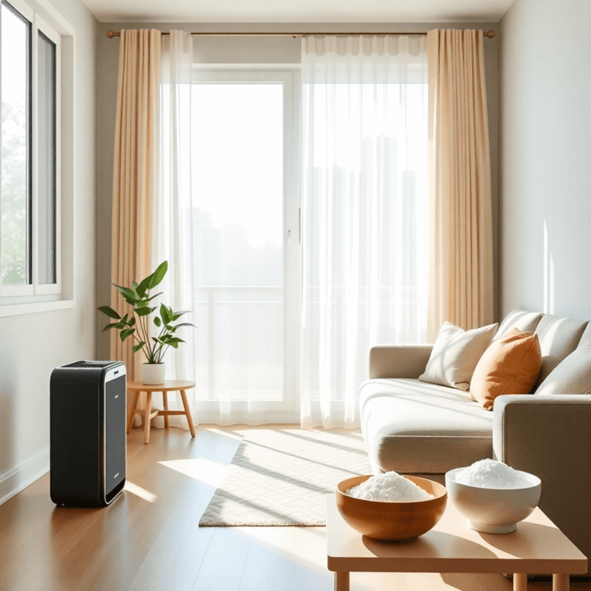 Sunlit modern living room with sheer curtains moving, sleek air purifier, potted plant, charcoal bags, and baking soda bowls creating a fresh, cozy...
