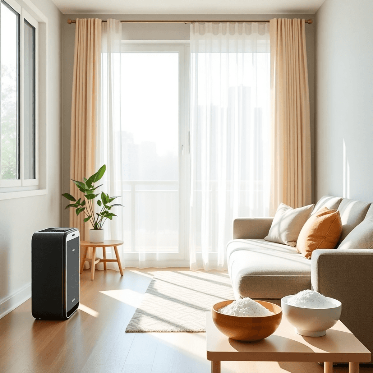 Sunlit modern living room with sheer curtains moving, sleek air purifier, potted plant, charcoal bags, and baking soda bowls creating a fresh, cozy...