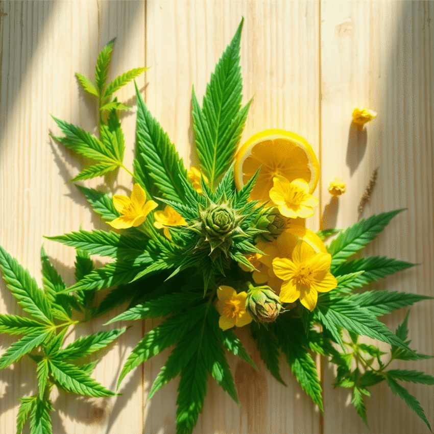 Sunlit wooden surface with vibrant cannabis leaves, flower buds, fresh citrus fruits, and herbal plants in green and yellow tones, evoking a fresh,...