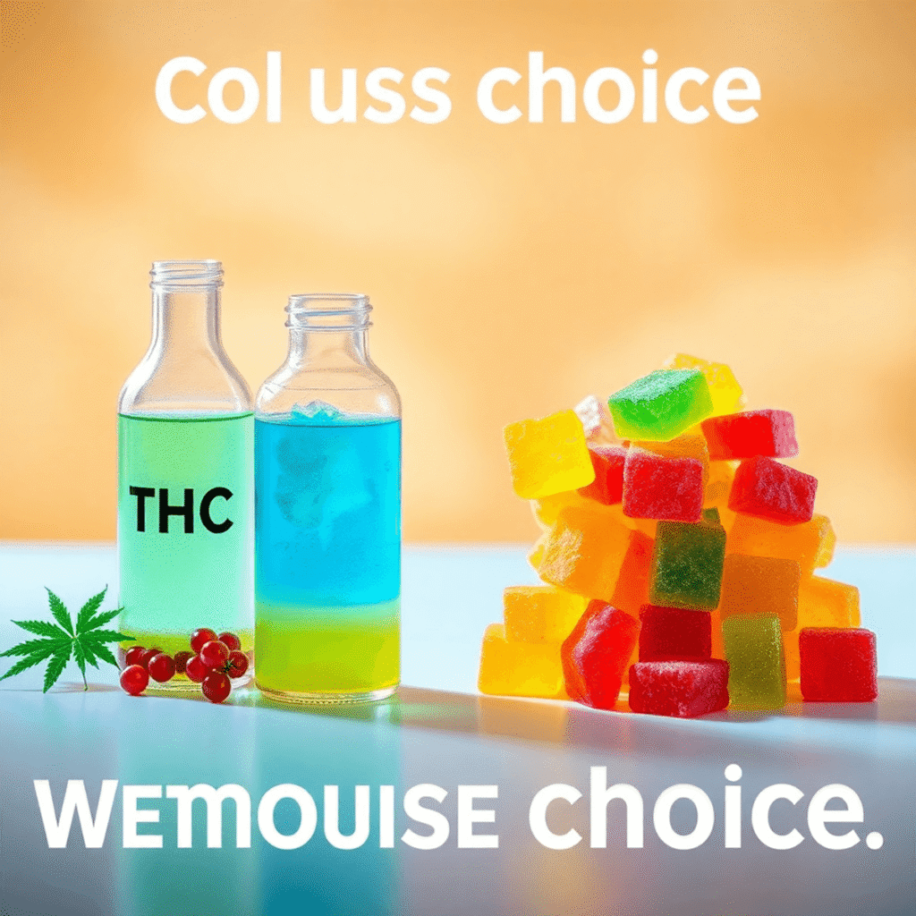 Two clear bottles with colorful liquids and vibrant gummy shapes on a warm, soft background symbolizing THC drinks and edibles in a realistic style.