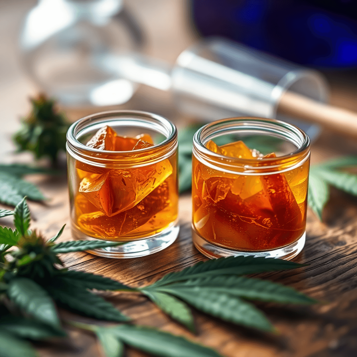 Two small glass containers with amber rosin and translucent live resin on wood, surrounded by cannabis leaves and blurred extraction tools in soft ...