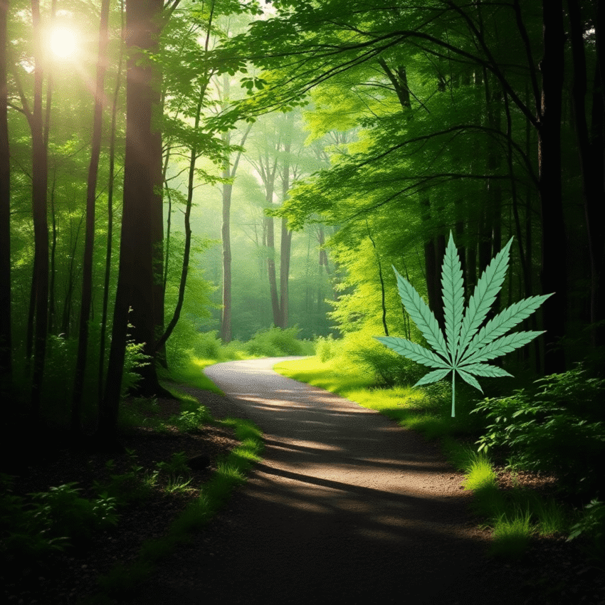 Winding forest path in soft morning light with subtle abstract cannabis leaves fading into vibrant green surroundings, evoking calm, renewal, and m...