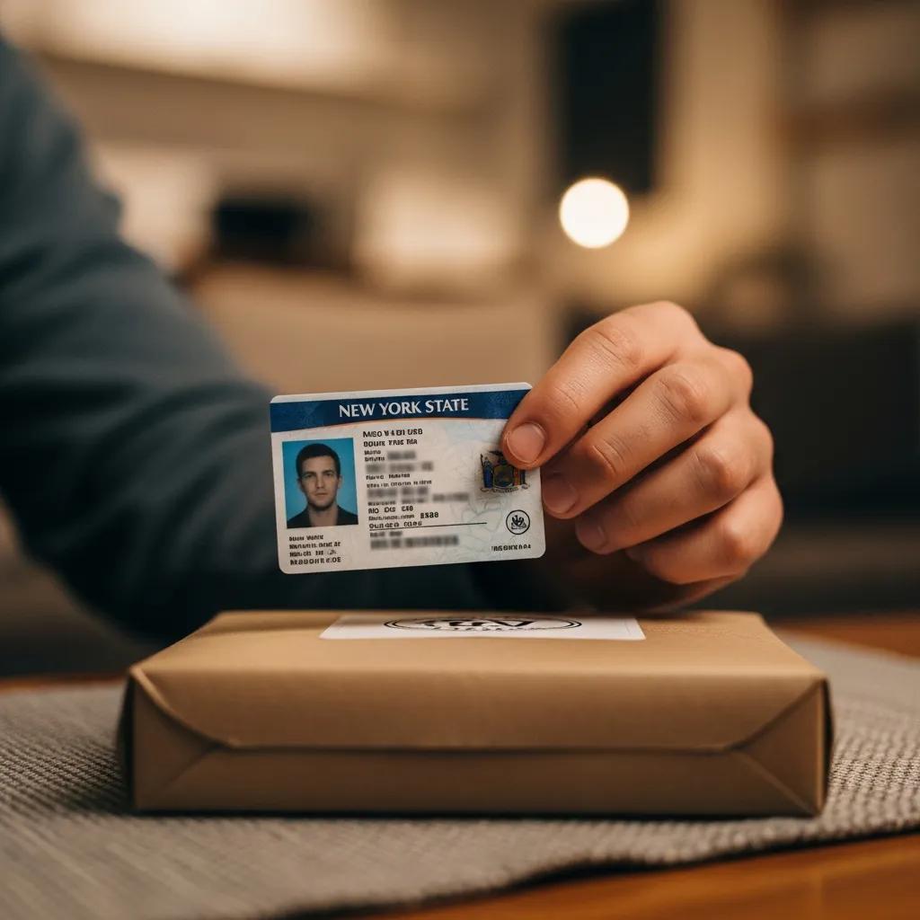 Close-up of a New York State ID next to a cannabis delivery package, highlighting legal compliance