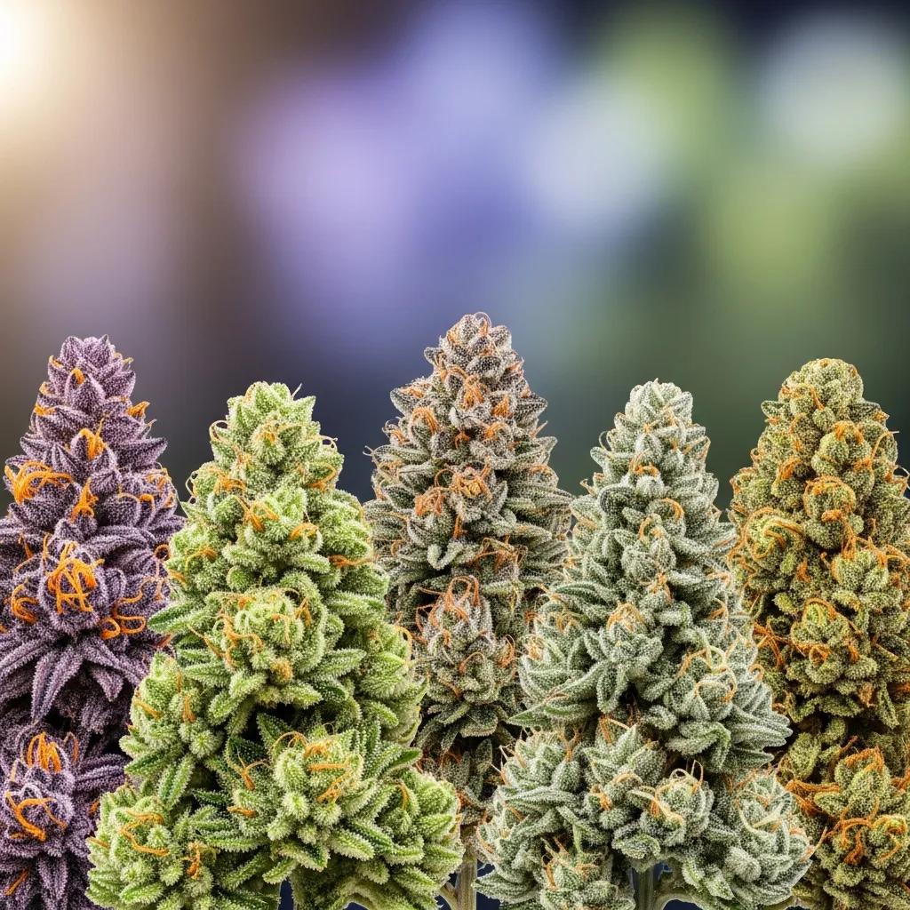 Close-up of popular Indica cannabis strains showcasing their colors and textures