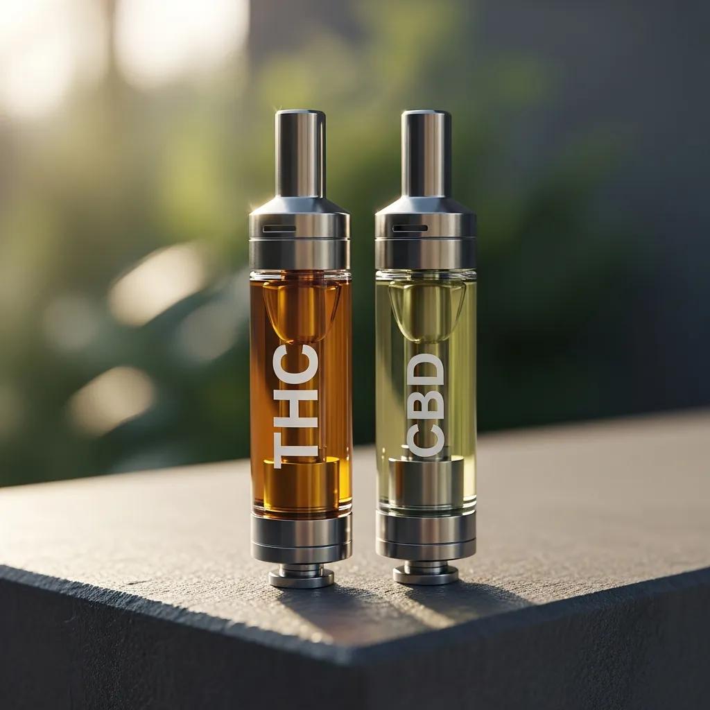 Close-up of THC and CBD cartridges for vape devices on a textured surface
