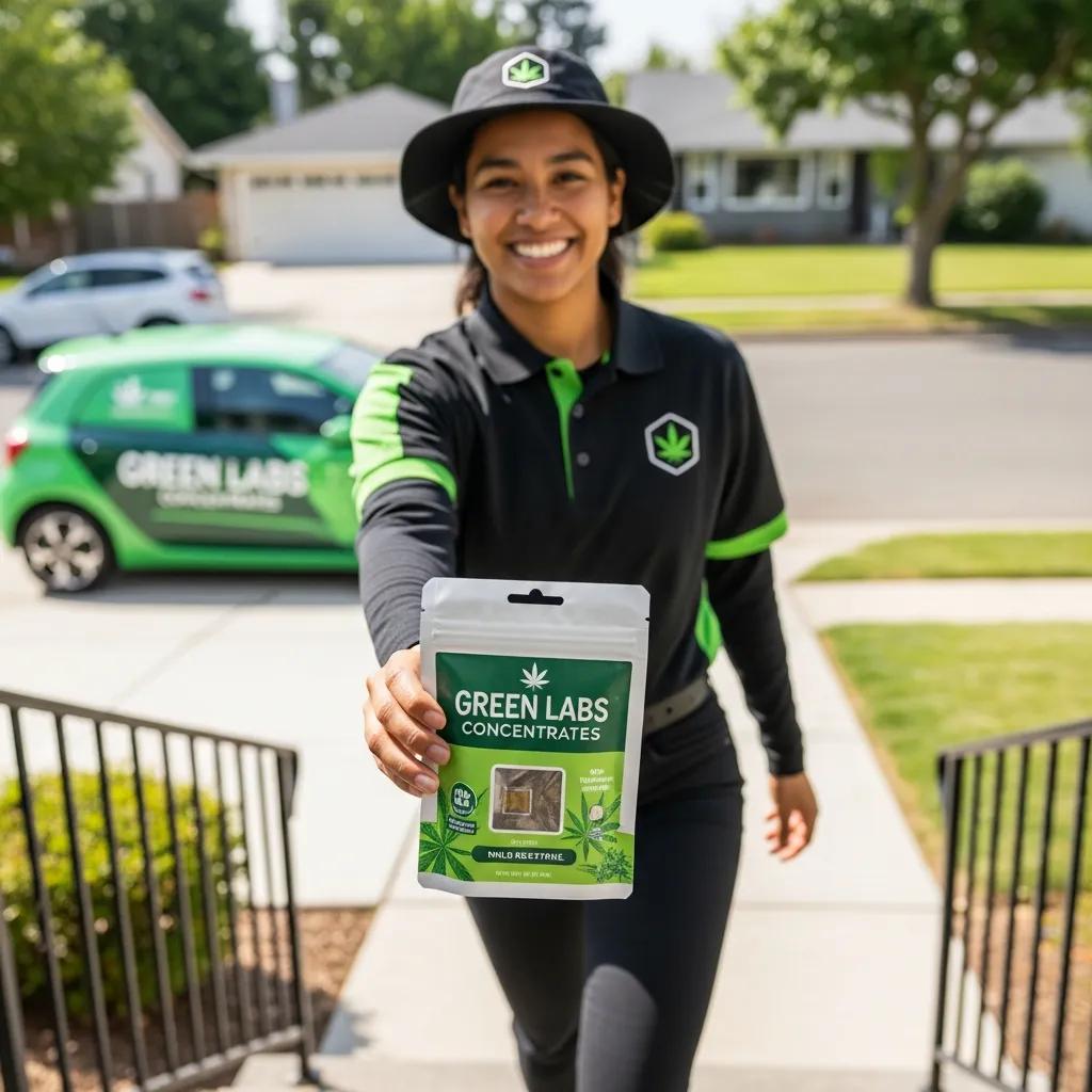 Delivery person handing over a package of cannabis concentrates at a customer's doorstep