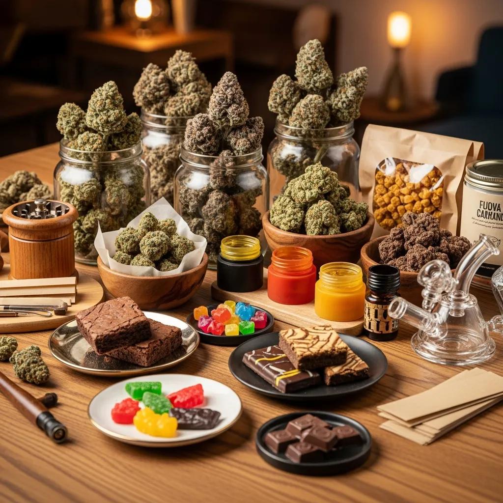 Diverse cannabis products including flowers, edibles, and concentrates displayed on a table