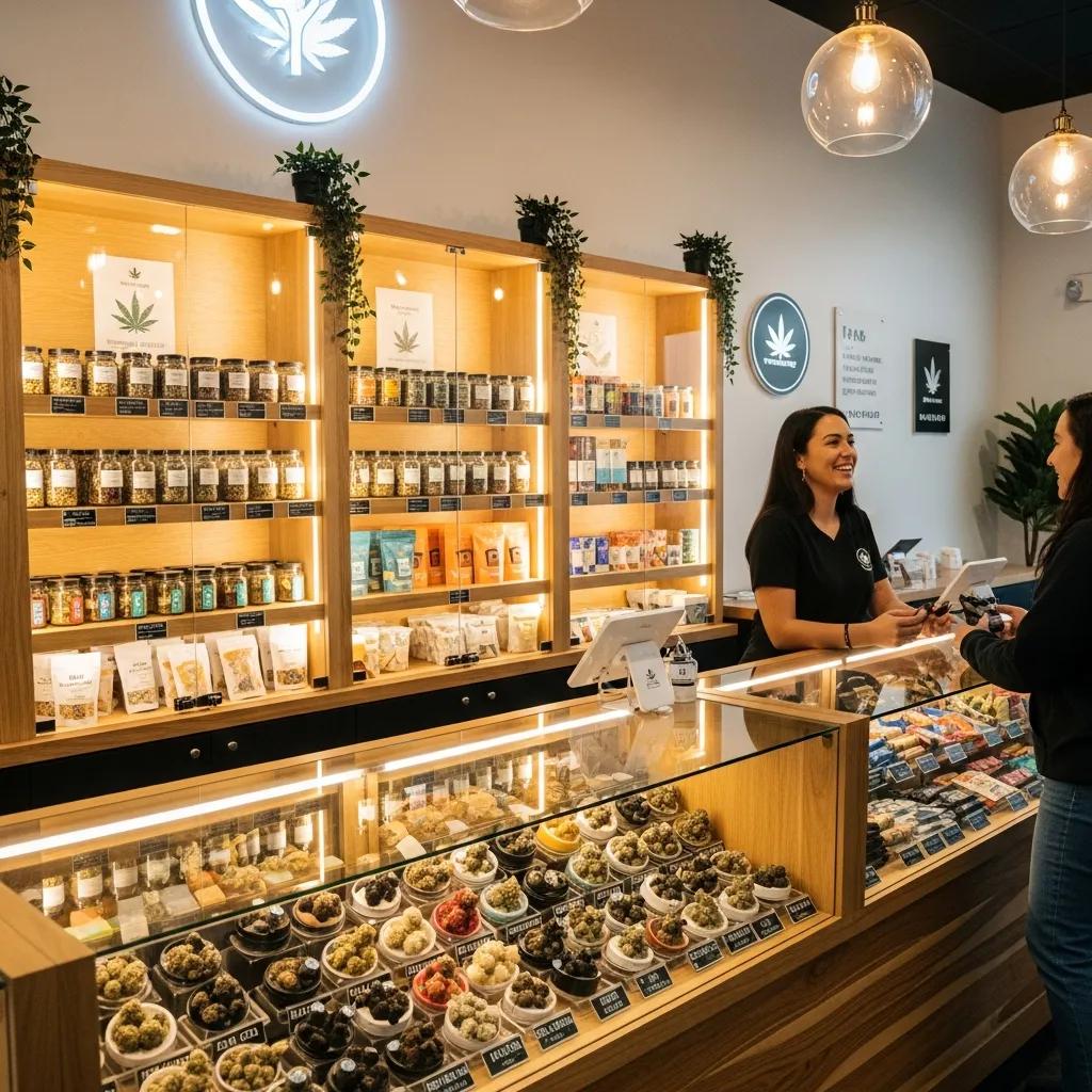 Interior of a cannabis dispensary with shelves of wax concentrates and a staff member assisting a customer