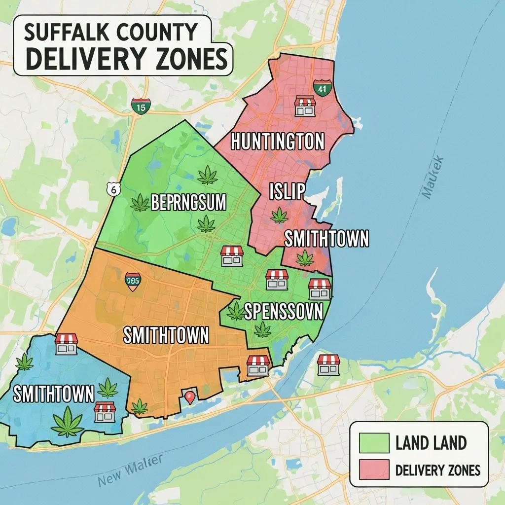 Map of Suffolk County showing cannabis delivery zones including Huntington, Islip, and Smithtown