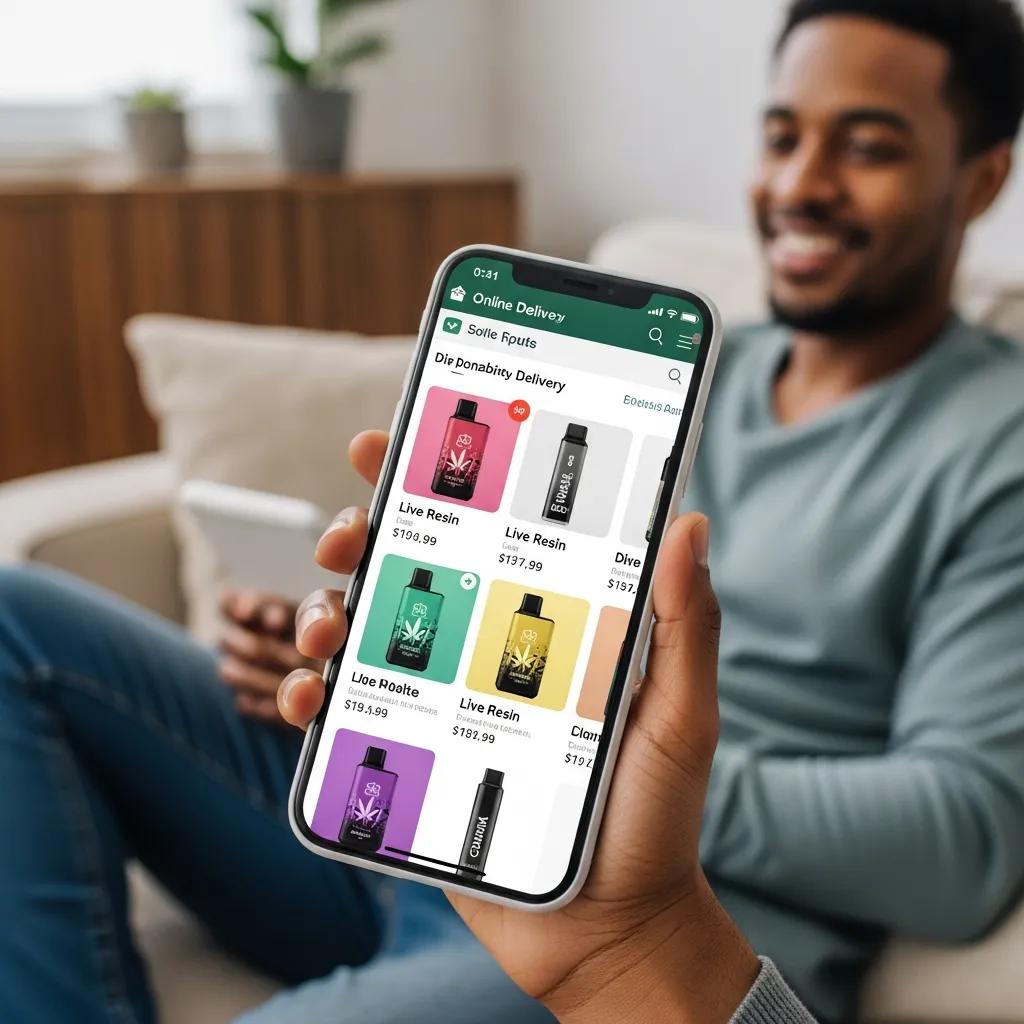 Person browsing an online cannabis delivery service for live resin disposable vapes