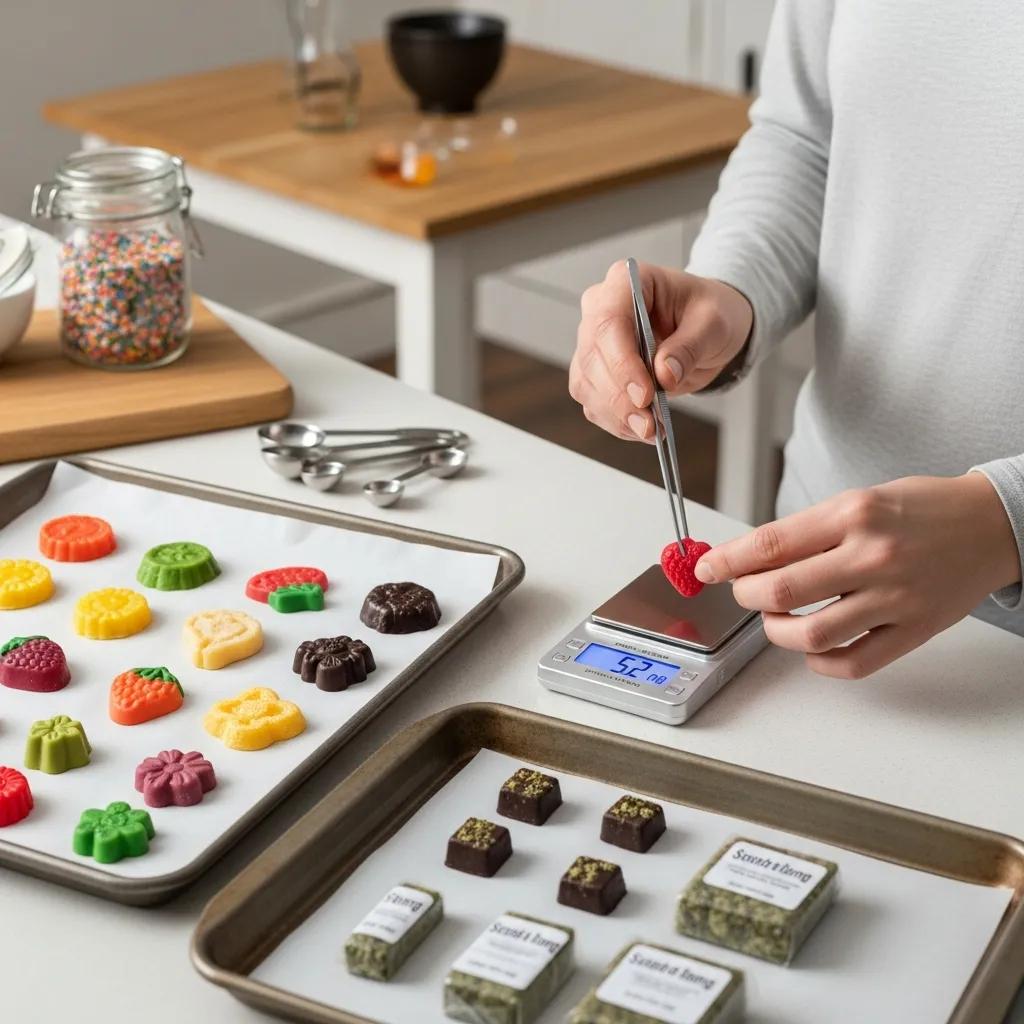 Person measuring cannabis edible dosage with a scale in a clean kitchen setting