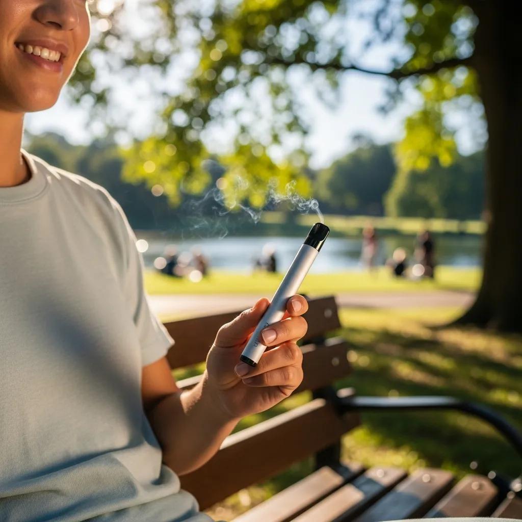 Person using a disposable cannabis vape outdoors, illustrating convenience and enjoyment in cannabis consumption