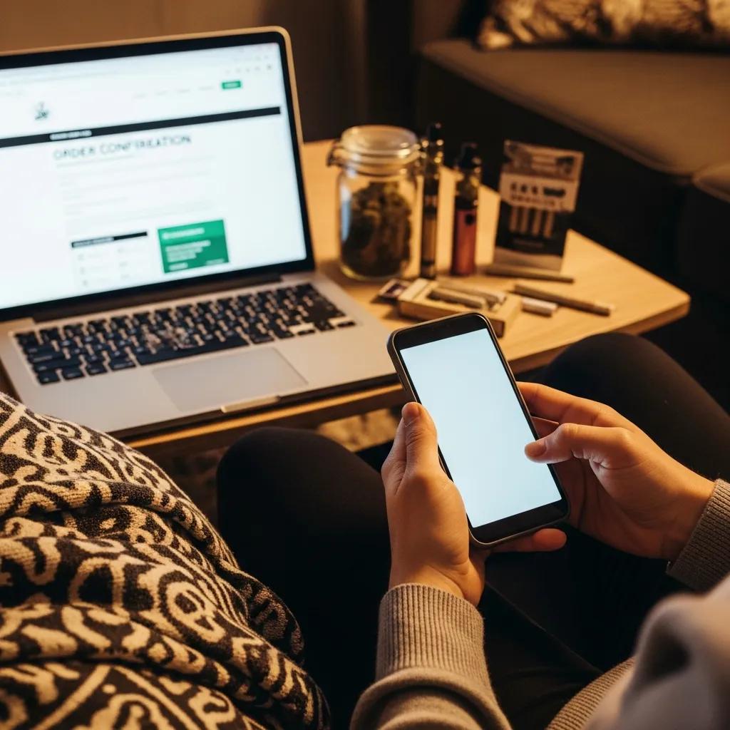 Person using a smartphone to order cannabis delivery, with a cozy setting and cannabis products in the background