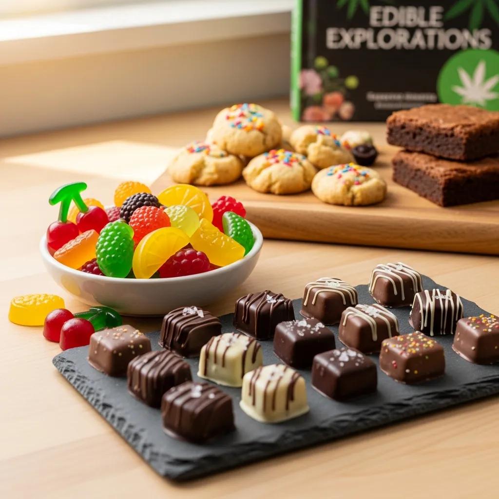 Selection of beginner-friendly cannabis edibles including low-dose gummies, chocolates, and baked goods