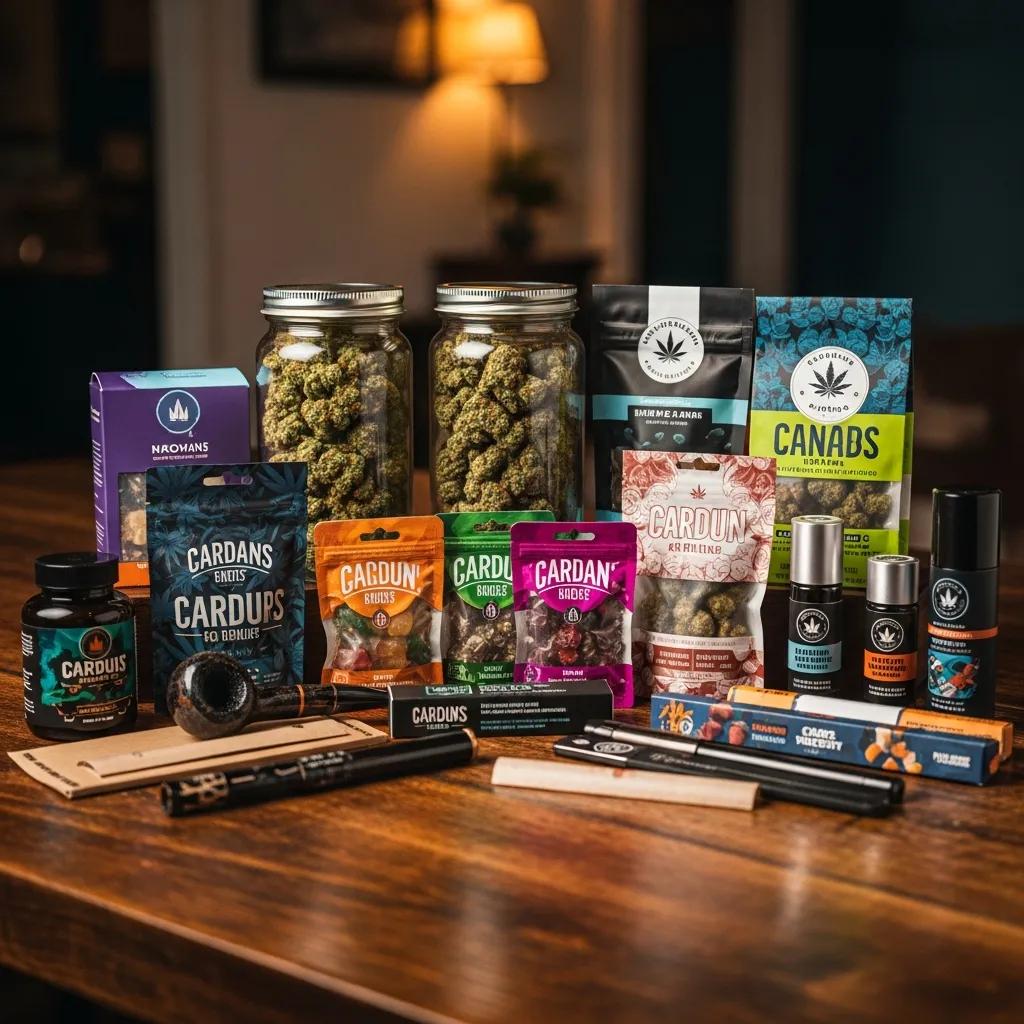 Variety of cannabis products available for delivery including flower, edibles, and accessories