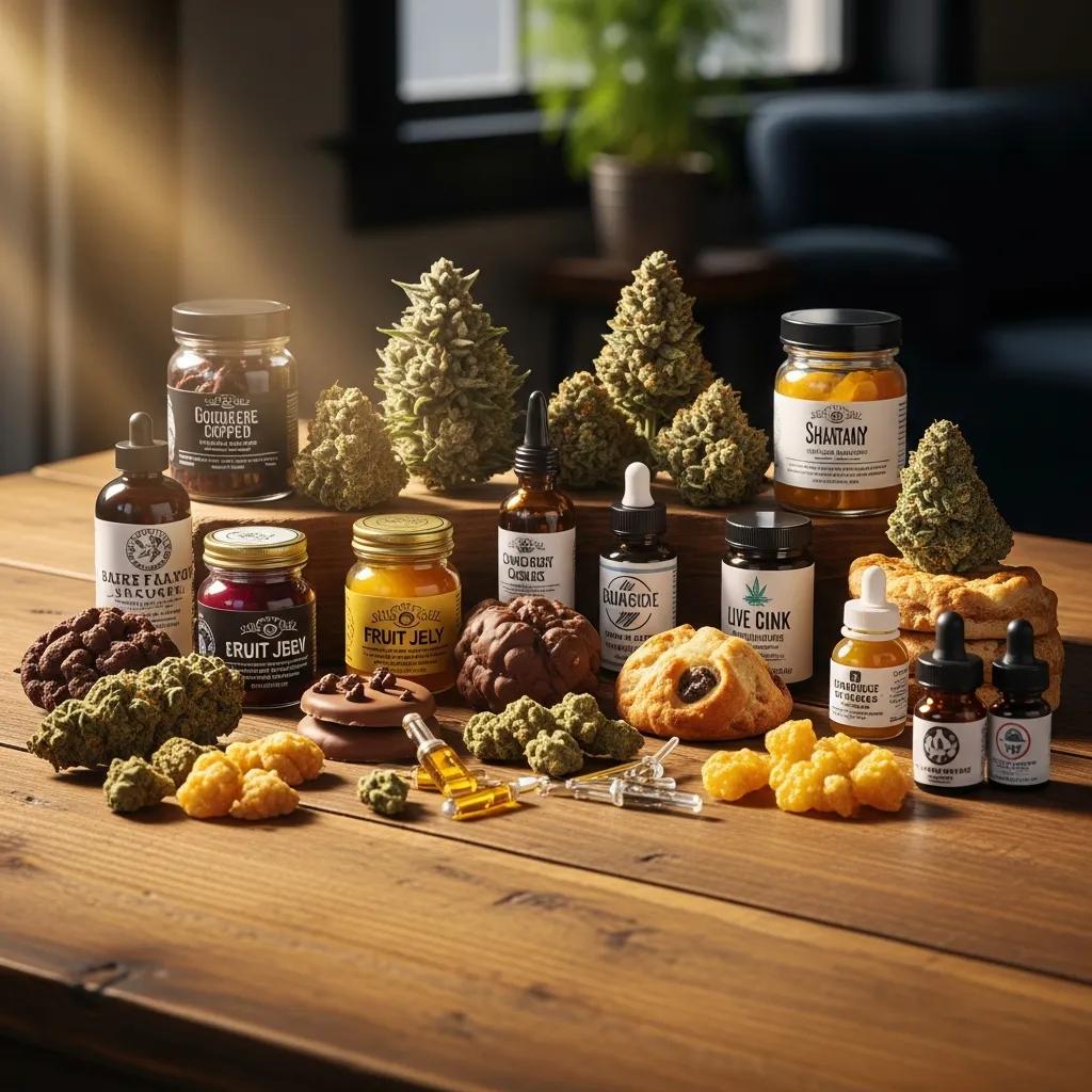 Variety of cannabis products including flower, edibles, and concentrates displayed on a wooden table