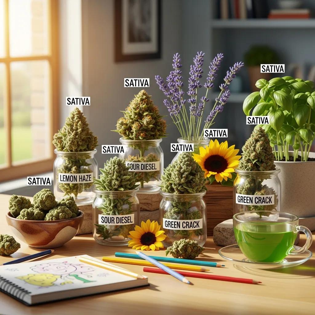 Vibrant Sativa cannabis strains displayed in a bright setting, emphasizing their uplifting qualities