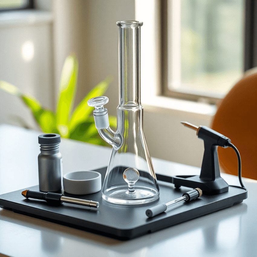 A modern dab rig with quartz nail, silicone container, and butane torch arranged neatly on a sleek surface under soft natural light.