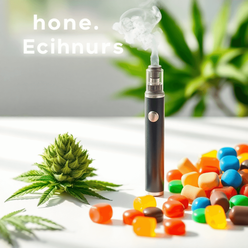 Bright composition showing a green cannabis bud, a sleek vape pen with vapor, and colorful edible treats on a clean surface with soft natural light.