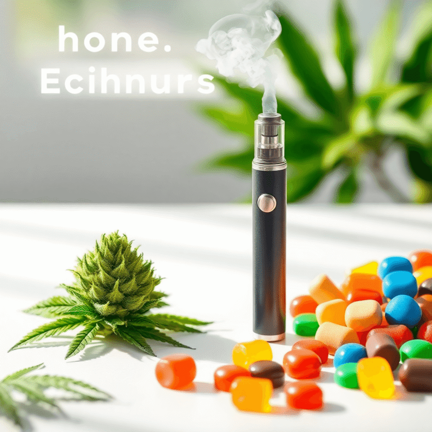 Bright composition showing a green cannabis bud, a sleek vape pen with vapor, and colorful edible treats on a clean surface with soft natural light.