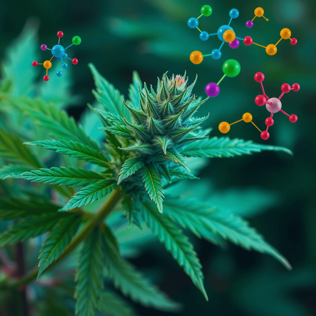 Close-up of a cannabis branch with detailed leaves and resinous buds, surrounded by colorful molecular structures against a soft natural background.