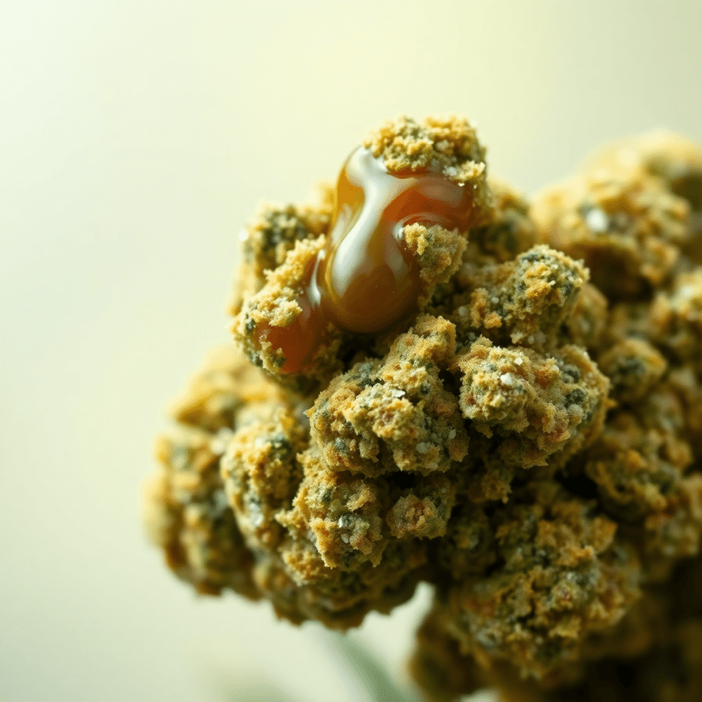 Close-up of a cannabis nugget coated in glossy hash oil and sparkling kief crystals against a soft, natural background.