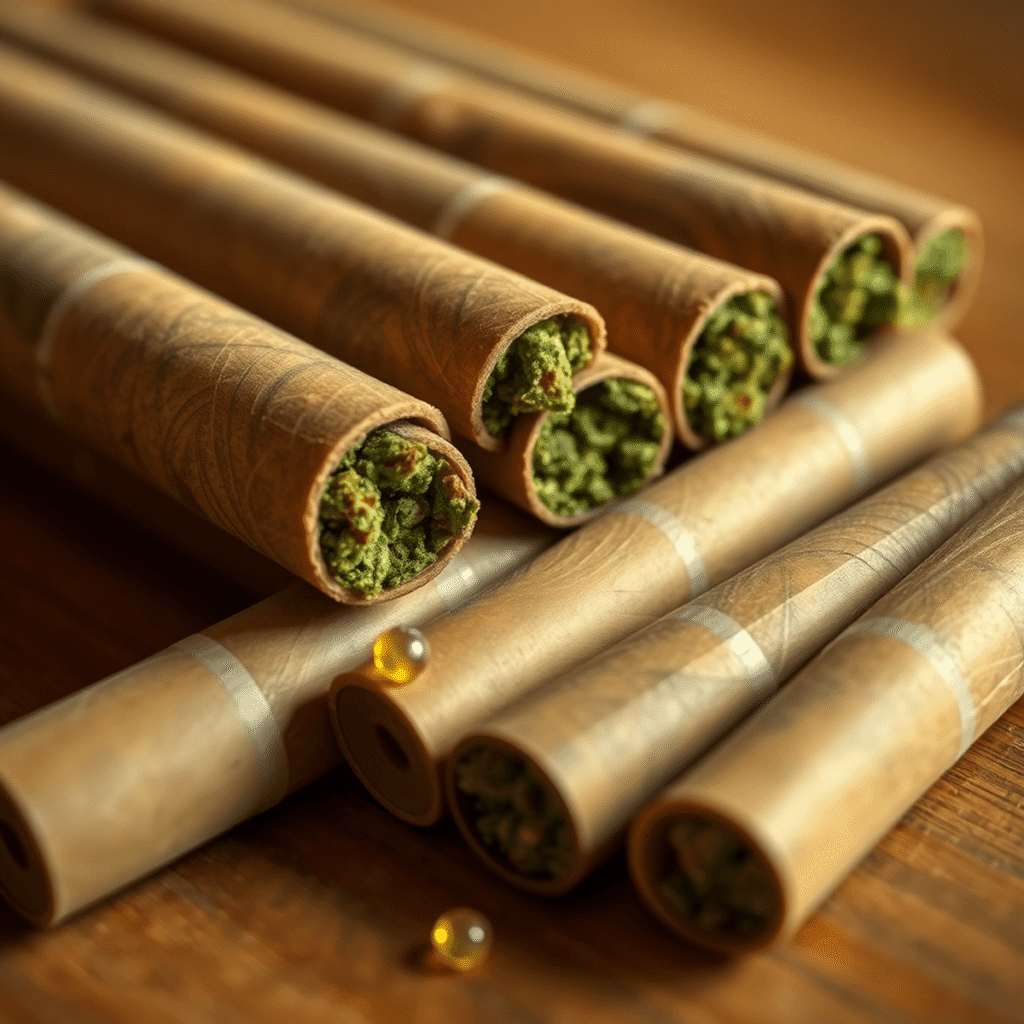 Close-up of neatly arranged cannabis pre-rolls on wood, highlighted by warm light showing smooth texture and glistening golden infused concentrates.
