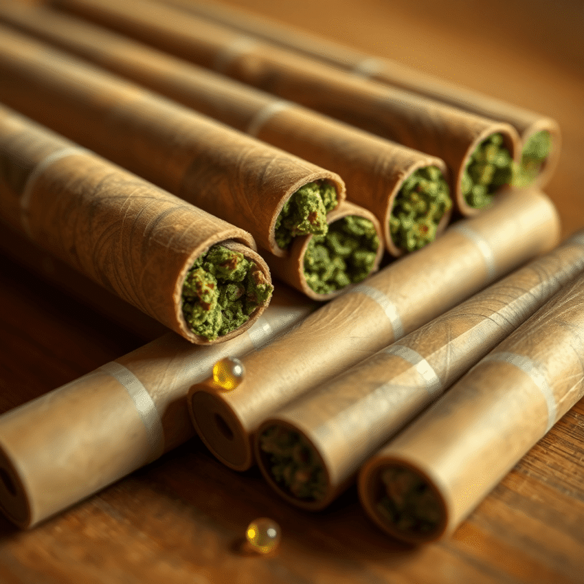 Close-up of neatly arranged cannabis pre-rolls on wood, highlighted by warm light showing smooth texture and glistening golden infused concentrates.