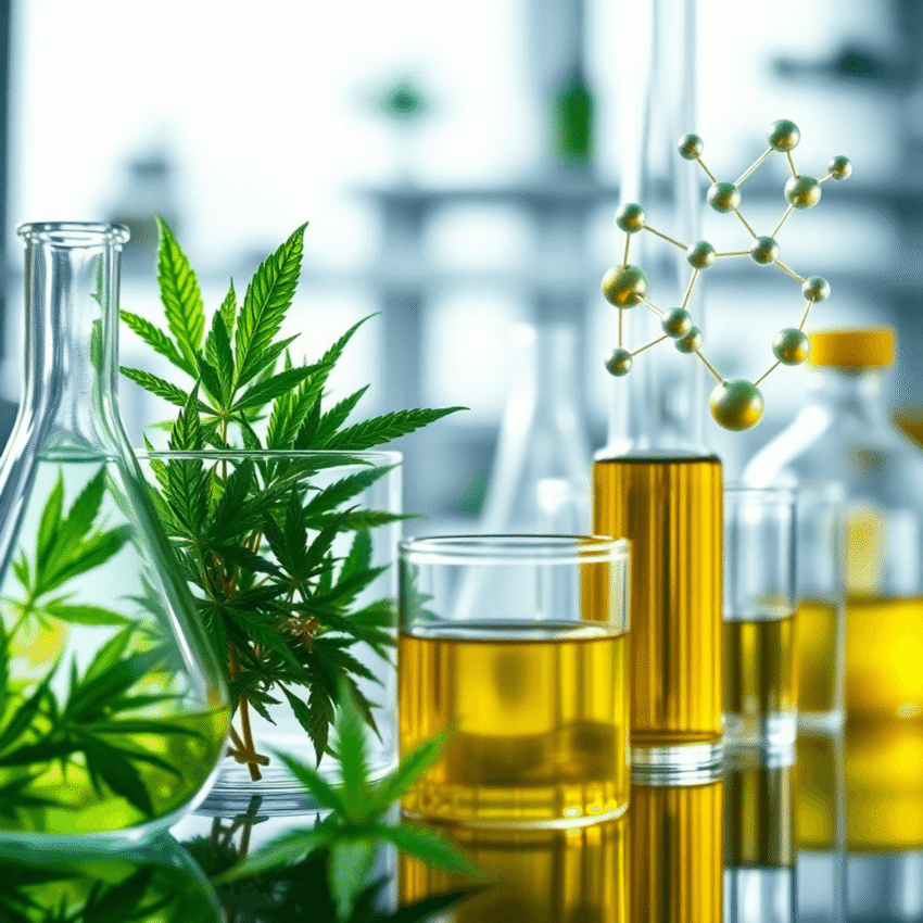Close-up of scientific glassware with green cannabis leaves and extracts, abstract molecular structures floating, symbolizing cannabinoid analysis ...