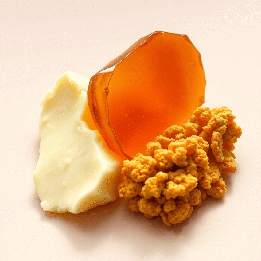 Close-up of three cannabis concentrates: creamy pale yellow badder, translucent amber shatter, and crumbly golden crumble on a neutral background w...