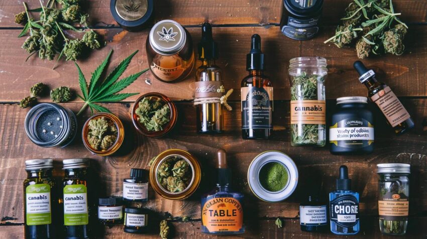 Variety of cannabis products including strains, vapes, edibles, and concentrates on a wooden table