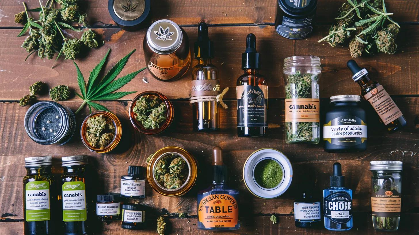 Variety of cannabis products including strains, vapes, edibles, and concentrates on a wooden table
