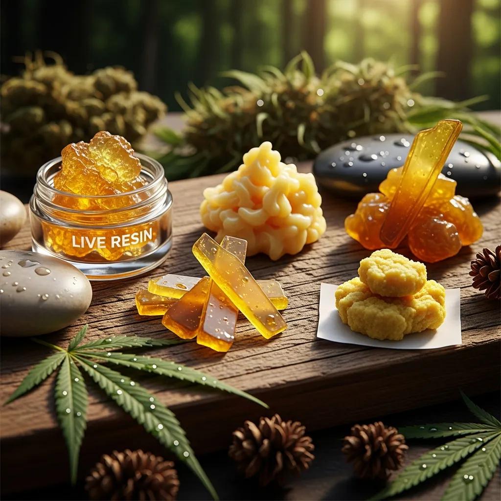 Variety of cannabis concentrates including live resin and wax in a natural setting