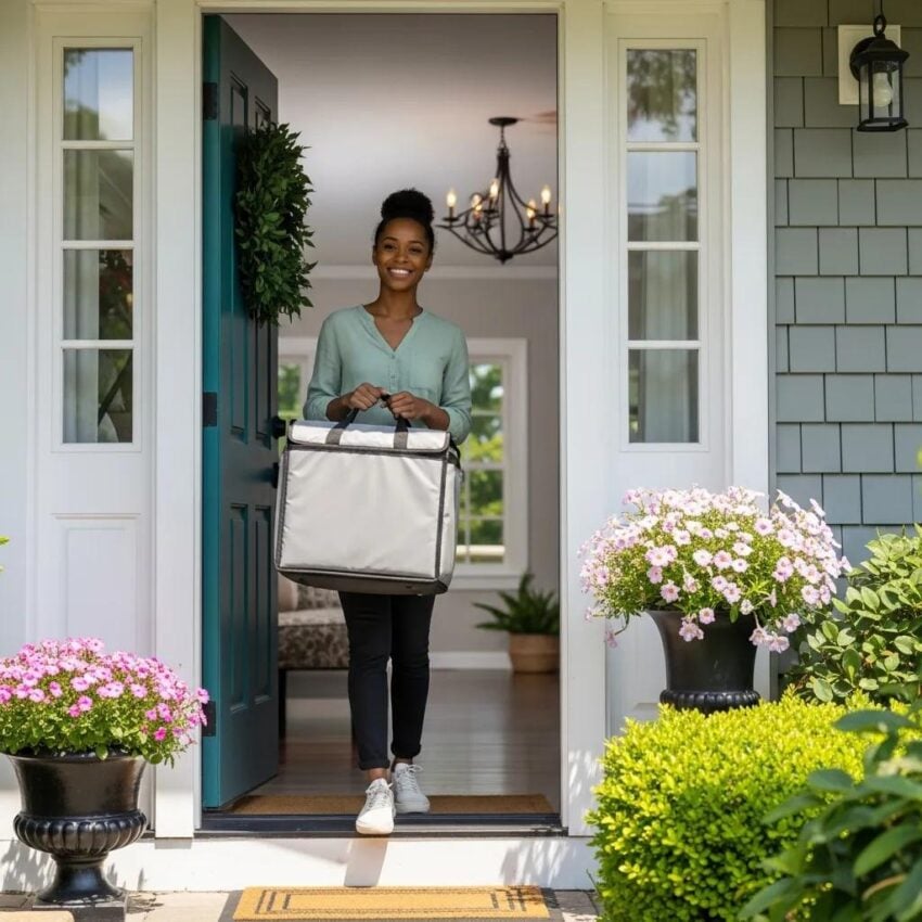 Cannabis delivery person at a residential doorstep on Long Island, emphasizing convenience and discretion