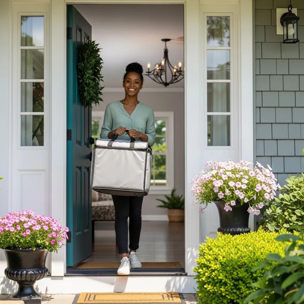 Cannabis delivery person at a residential doorstep on Long Island, emphasizing convenience and discretion
