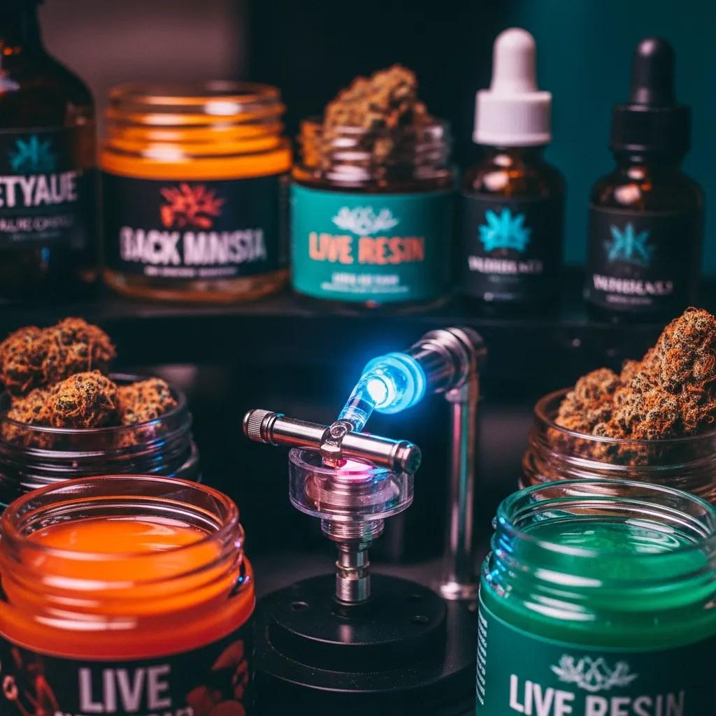 Variety of cannabis concentrates including wax and live resin displayed with a dab rig, highlighting their textures and colors