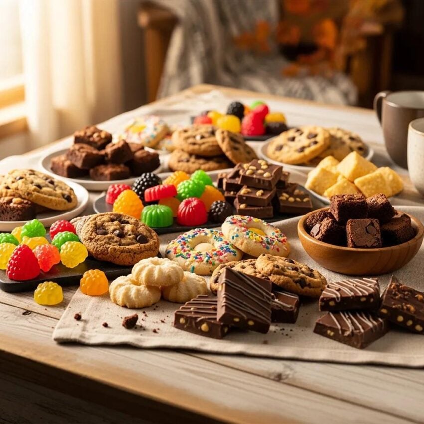 Variety of cannabis edibles including gummies, chocolates, and cookies on a wooden table