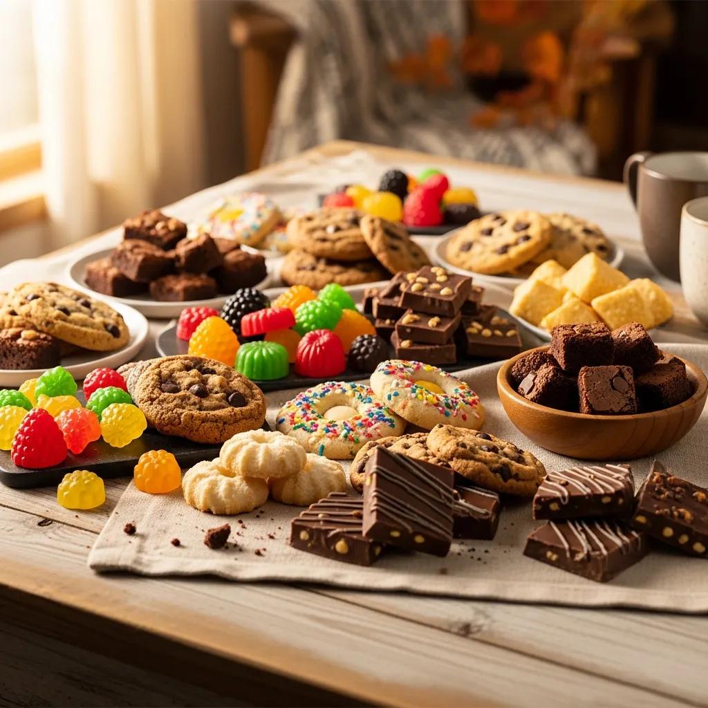 Variety of cannabis edibles including gummies, chocolates, and cookies on a wooden table