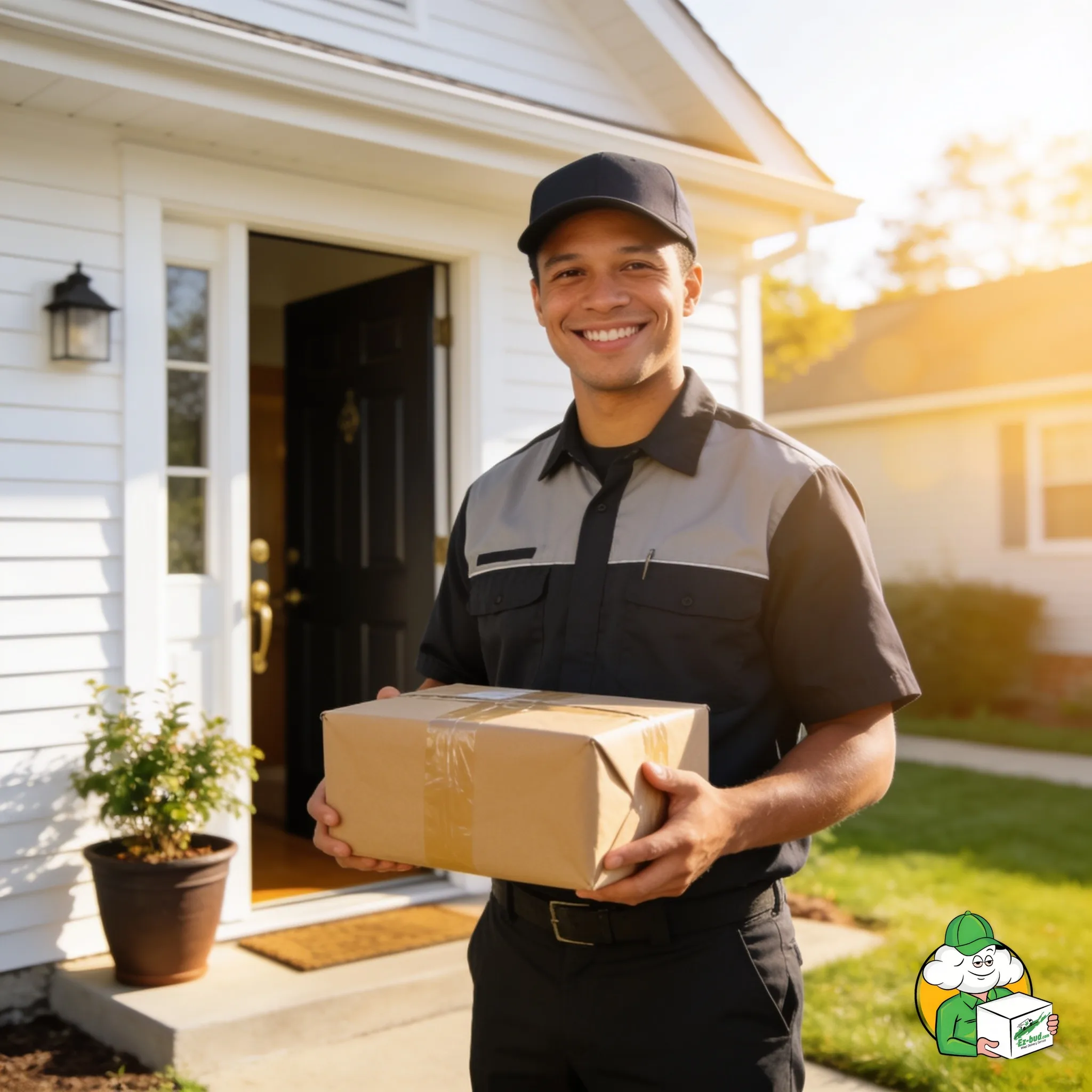 Same-day weed delivery Mastic NY &mdash; EZBud courier at a suburban doorstep